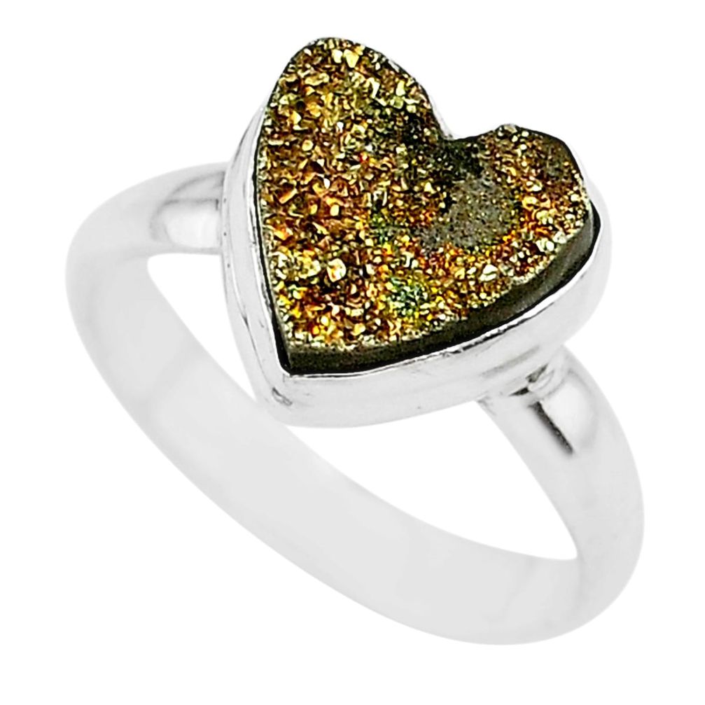 5.12cts heart golden pyrite druzy 925 silver handmade ring size 8 t21777