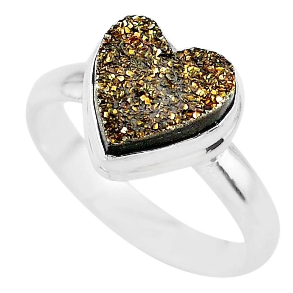 5.38cts heart golden pyrite druzy 925 silver handmade ring size 9 t21770