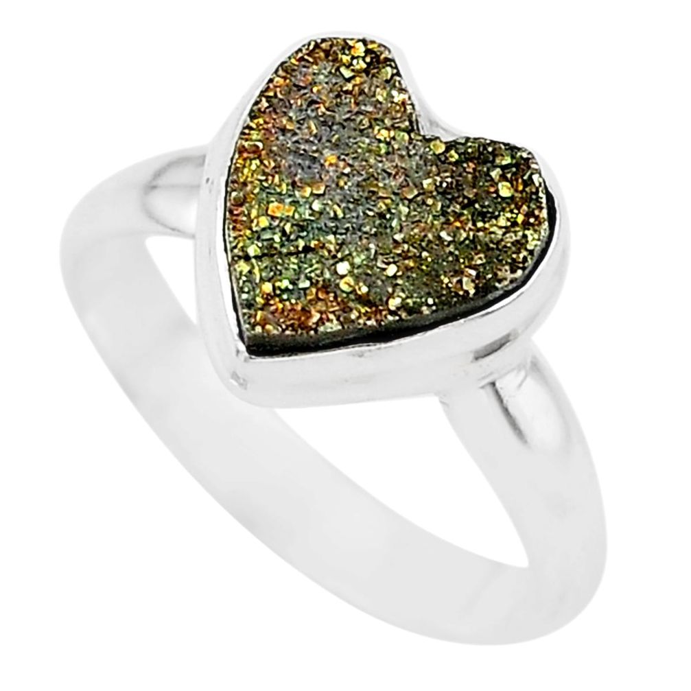 4.88cts heart golden pyrite druzy 925 silver handmade ring size 7.5 t21772