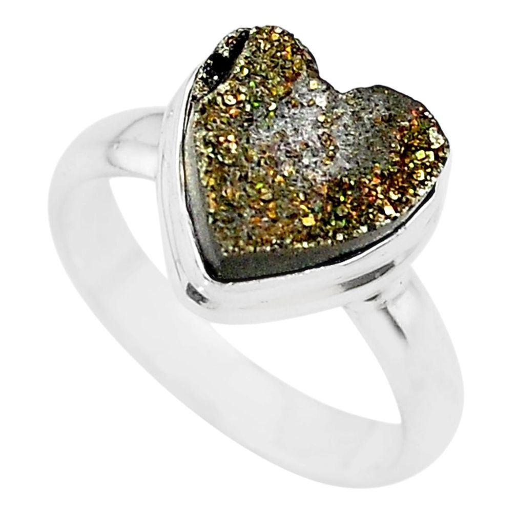 5.38cts golden pyrite druzy heart silver handmade ring size 7 t21765