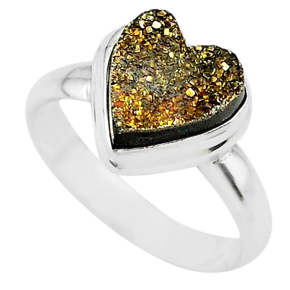 5.38cts golden pyrite druzy heart silver handmade ring size 8 t21764