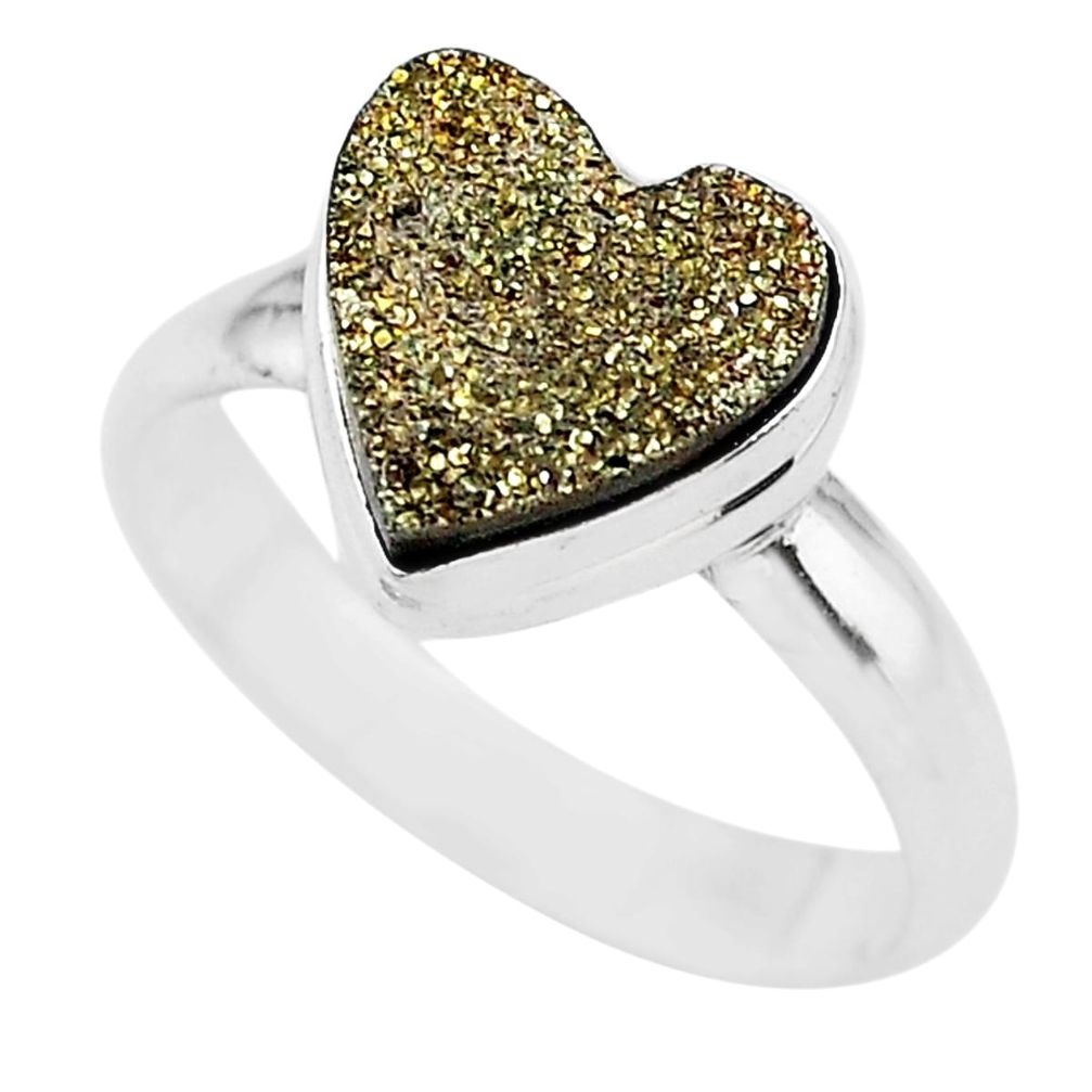 5.08cts golden pyrite druzy heart silver handmade ring size 9 t21771