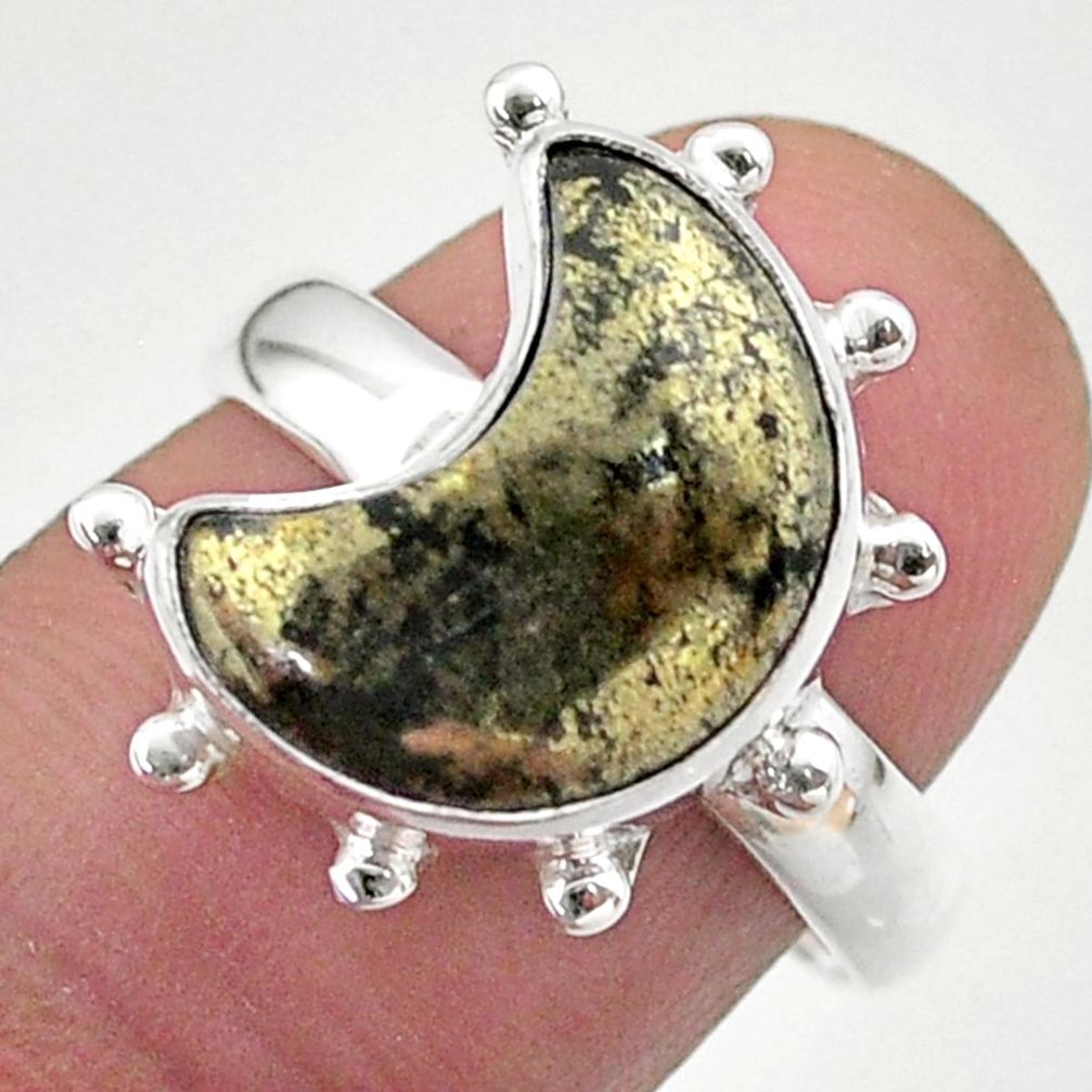 Solitaire natural golden pyrite in magnetite 925 silver moon ring size 8 t47797