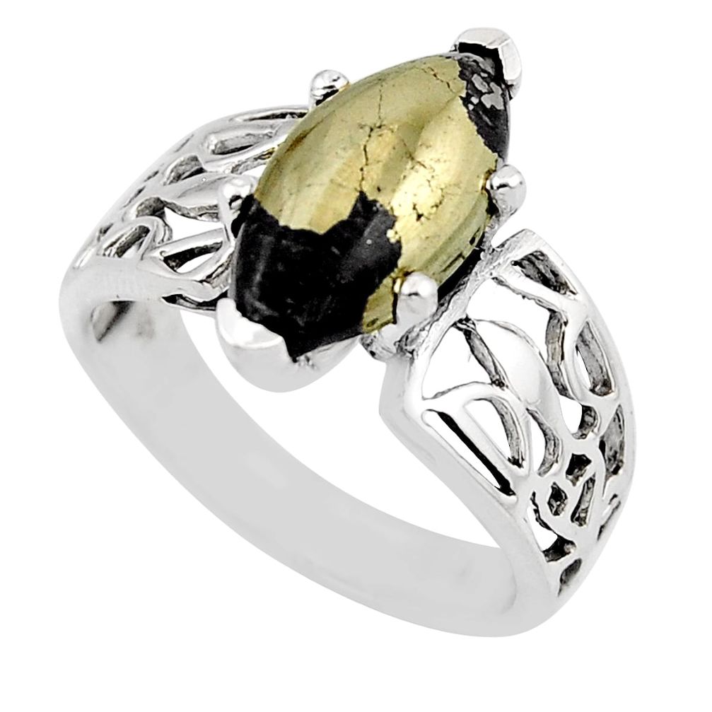 7.55cts solitaire natural golden pyrite in magnetite silver ring size 10 y48653