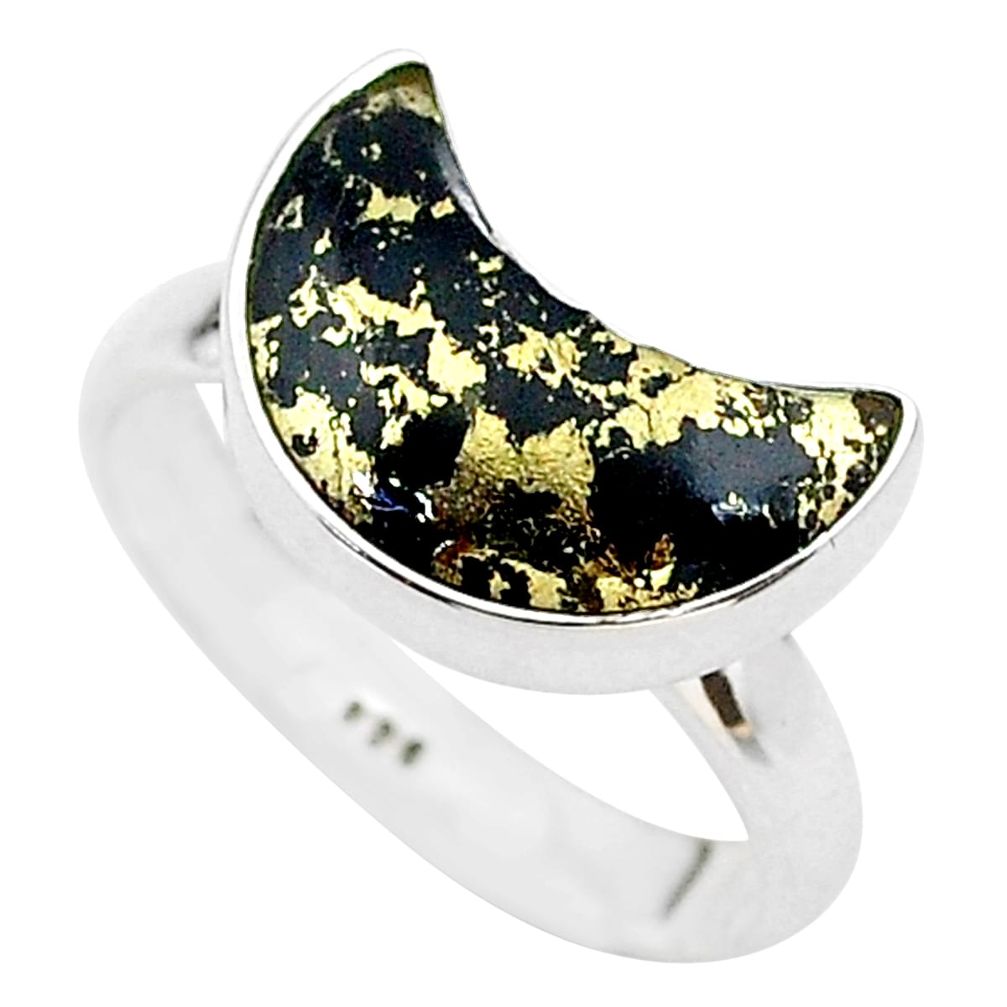 5.22cts moon natural golden pyrite in magnetite silver ring size 7 t22073