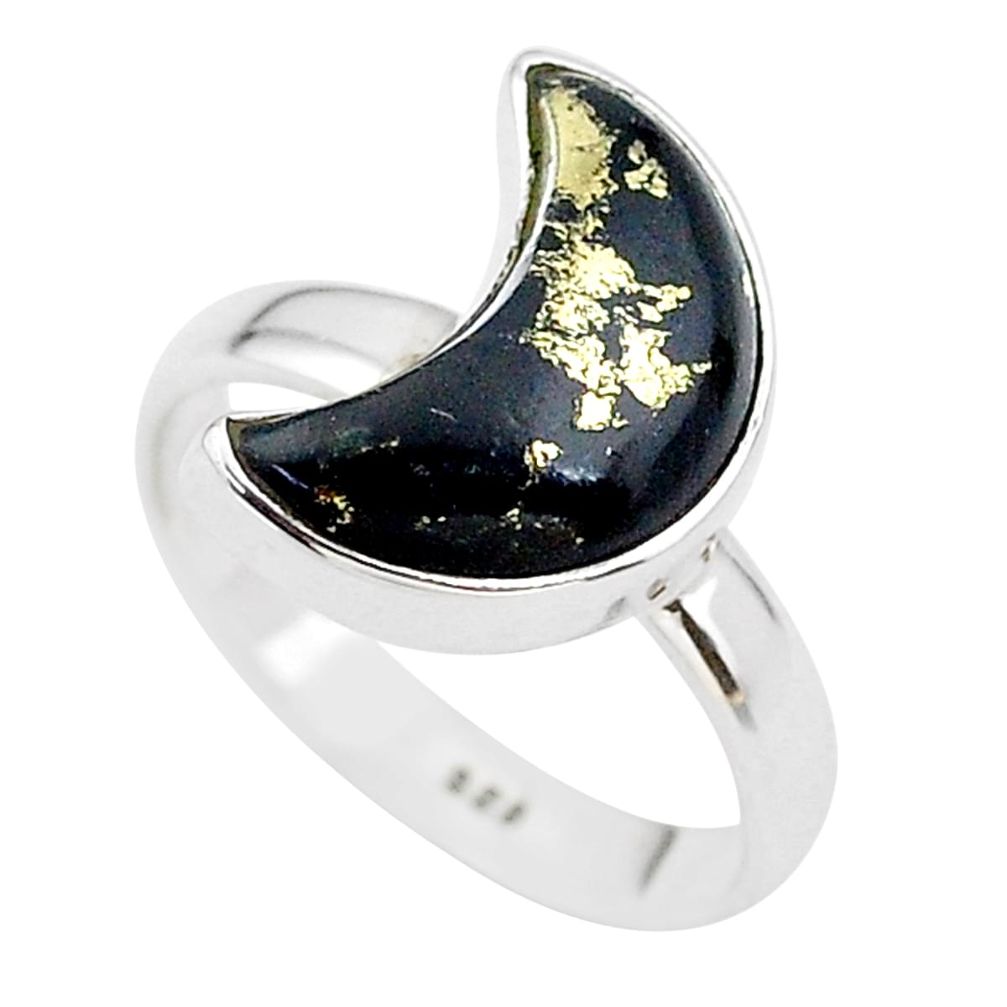 5.76cts moon natural golden pyrite in magnetite silver ring size 7 t22075