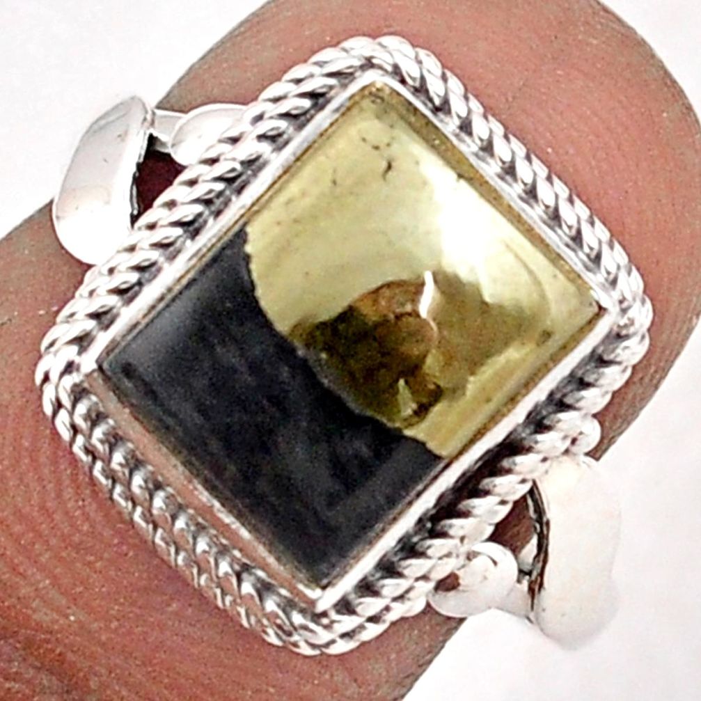 4.07cts solitaire natural golden pyrite in magnetite silver ring size 7 t87634