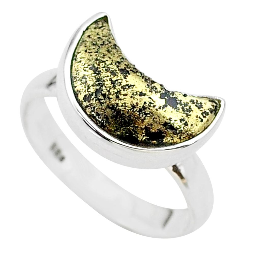 5.54cts moon natural golden pyrite in magnetite silver ring size 8 t22072