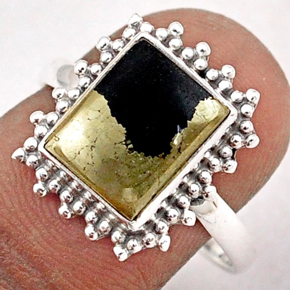 4.45cts solitaire natural golden pyrite in magnetite silver ring size 8.5 t87624