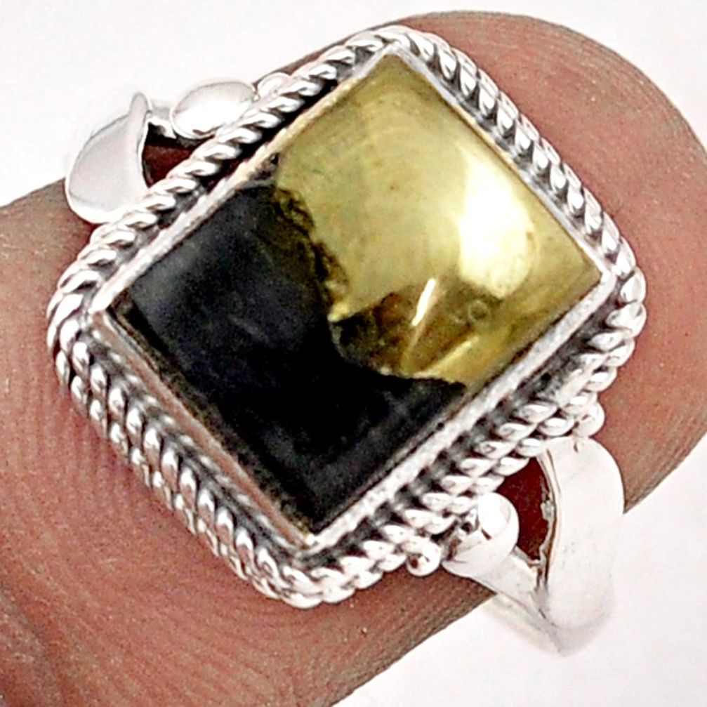 4.29cts solitaire natural golden pyrite in magnetite silver ring size 7.5 t87630
