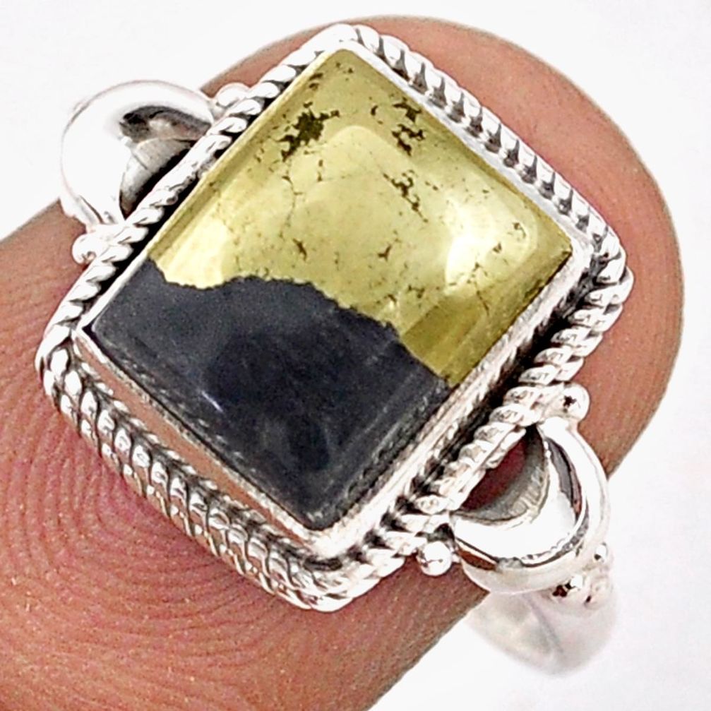 4.22cts solitaire natural golden pyrite in magnetite silver ring size 7.5 t87728