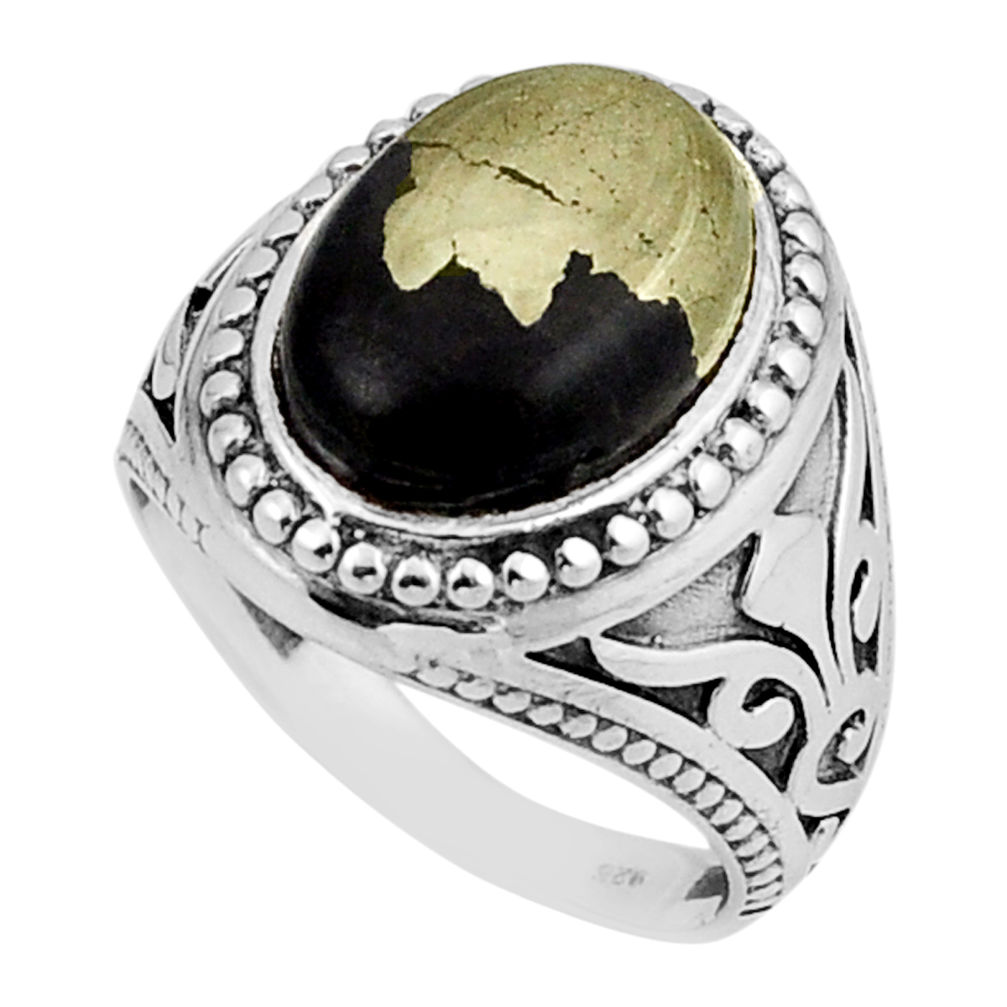 6.42cts solitaire natural golden pyrite in magnetite silver ring size 7.5 y51389