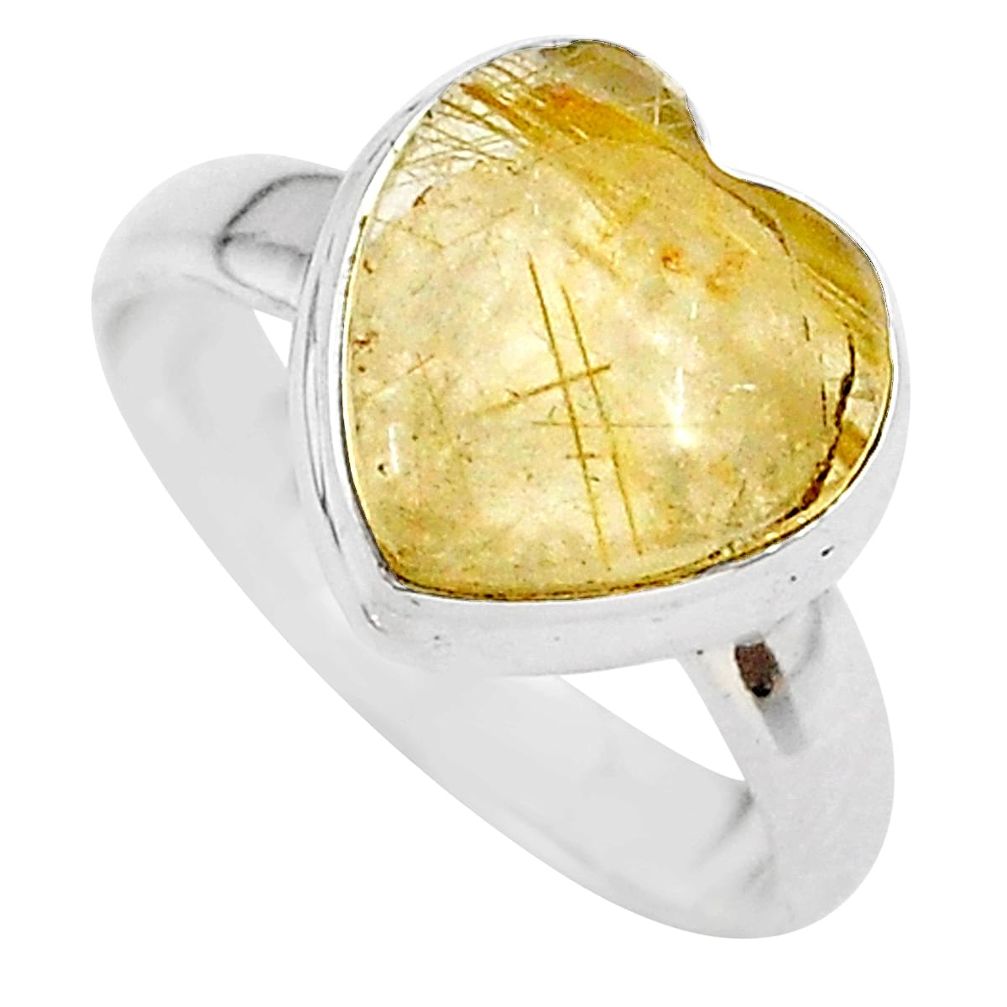 4.67cts heart natural golden tourmaline rutile 925 silver ring size 6 t21722