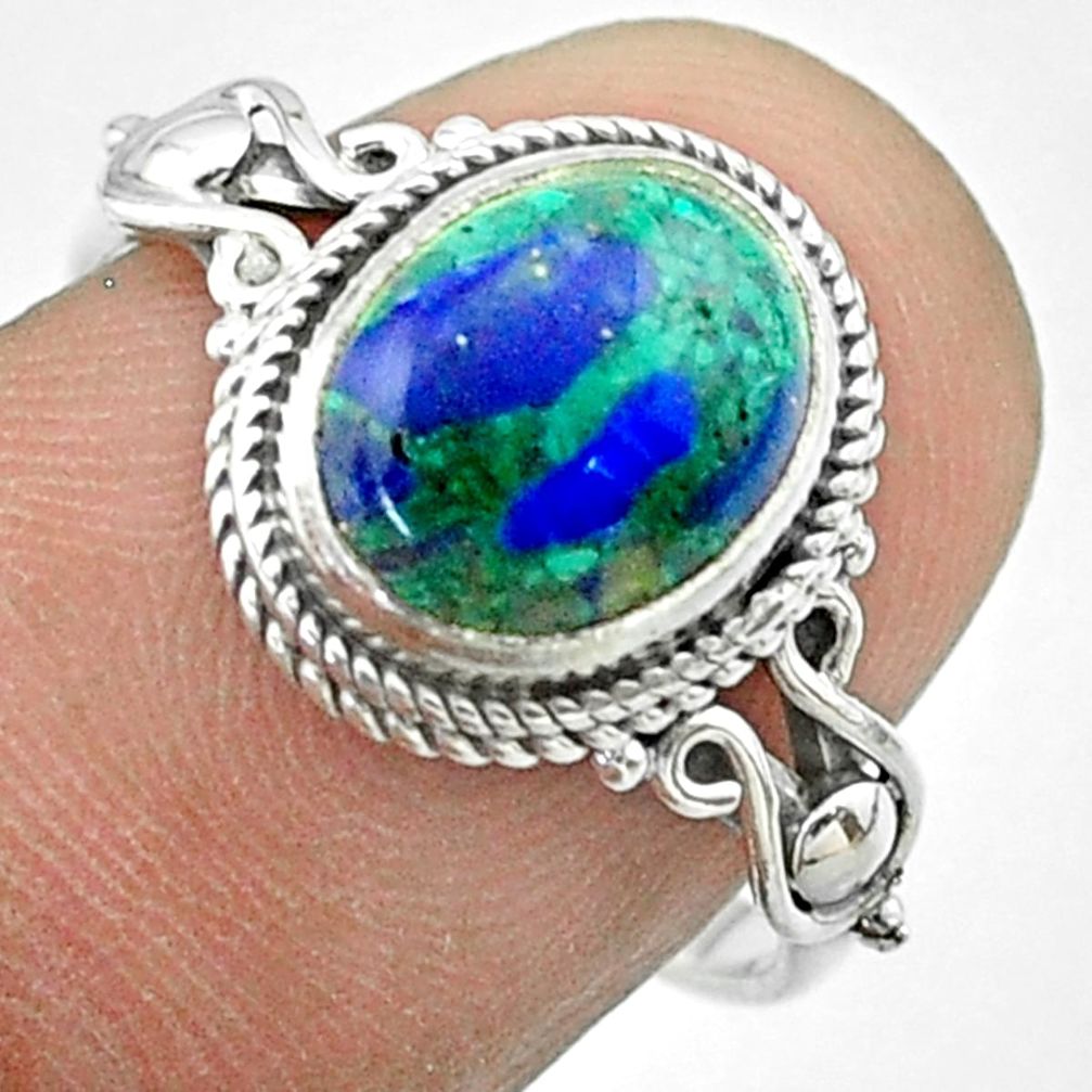 3.91cts solitaire natural green azurite malachite silver ring size 7.5 t57453