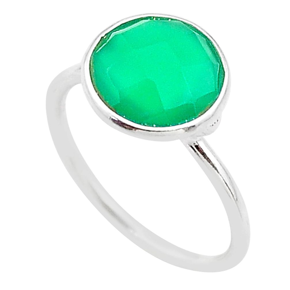 4.47cts solitaire natural green chalcedony round 925 silver ring size 6.5 t70605
