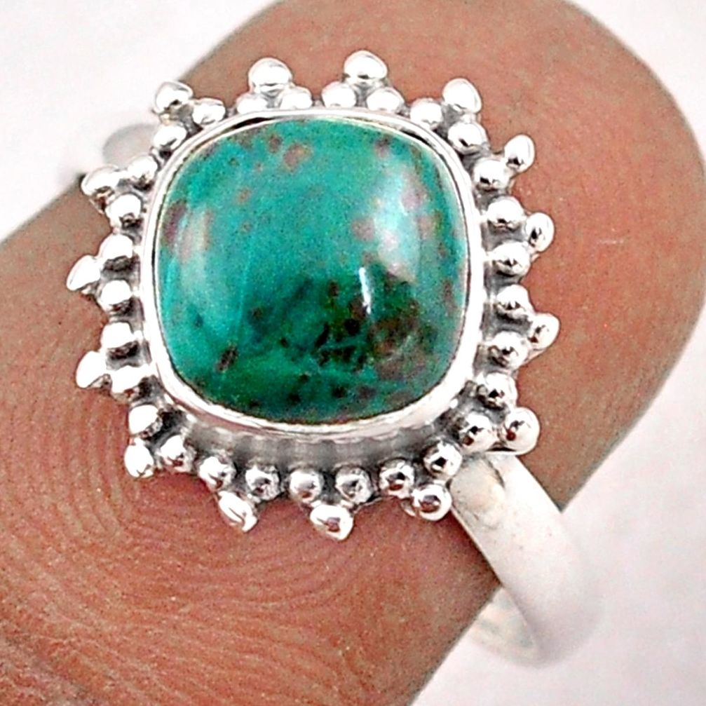 3.18cts solitaire natural green chrysocolla cushion silver ring size 7 t87650