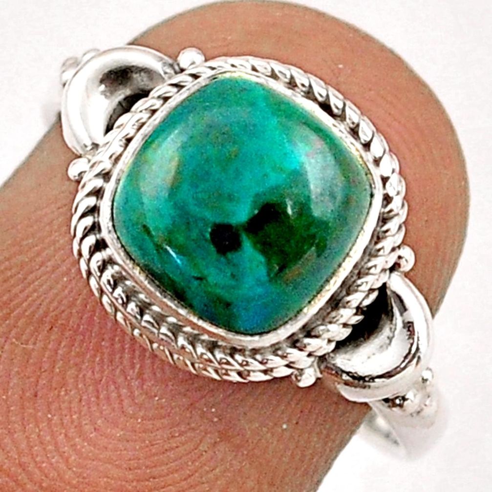 3.42cts solitaire natural green chrysocolla cushion silver ring size 7 t87711