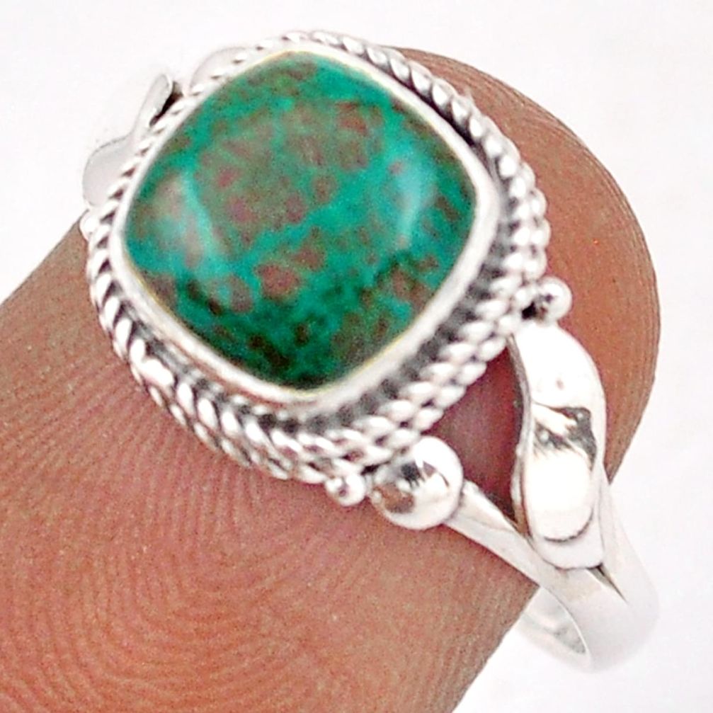 3.29cts solitaire natural green chrysocolla cushion silver ring size 7.5 t87619