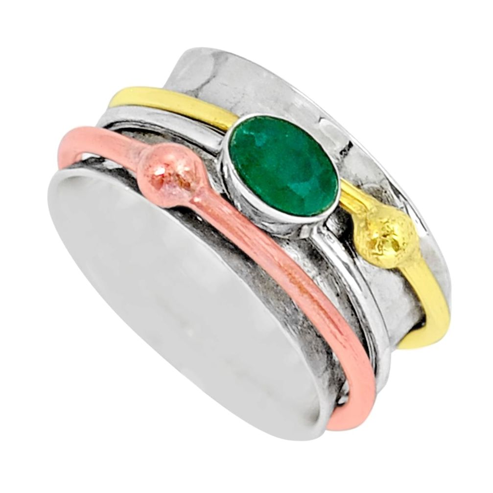 0.91cts solitaire natural green emerald 925 silver two tone ring size 6.5 y16617