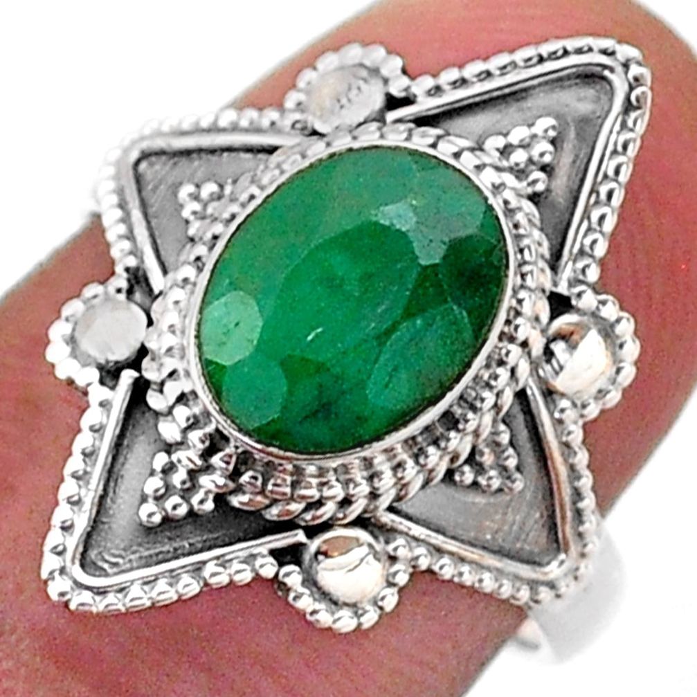 3.26cts solitaire natural green emerald 925 sterling silver ring size 7 t46611