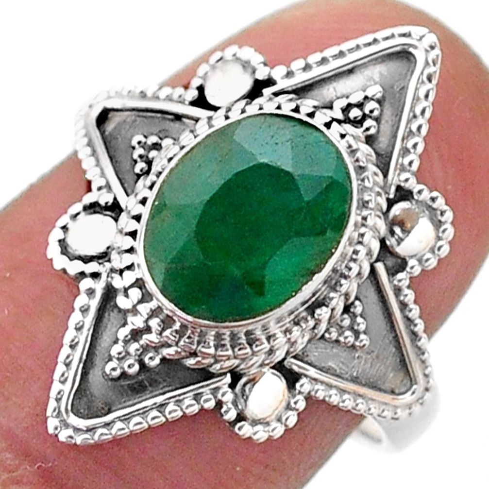 2.95cts solitaire natural green emerald 925 sterling silver ring size 7 t46630