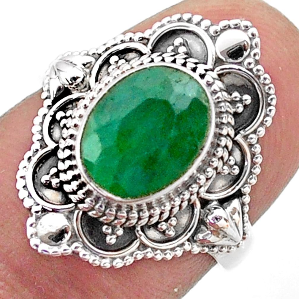 3.11cts solitaire natural green emerald 925 sterling silver ring size 6.5 t46649