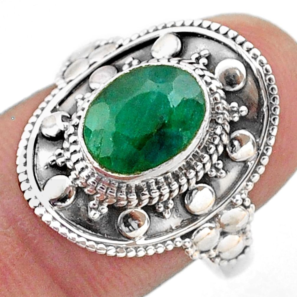 3.26cts solitaire natural green emerald 925 sterling silver ring size 8.5 t46674