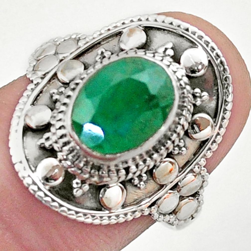 3.25cts solitaire natural green emerald 925 sterling silver ring size 7.5 t46693