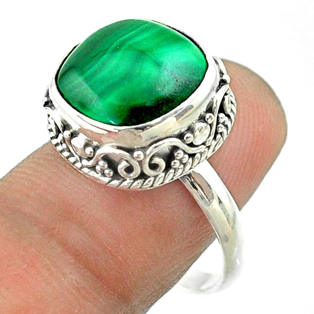 6.63cts solitaire natural green malachite cushion silver ring size 8.5 t55884