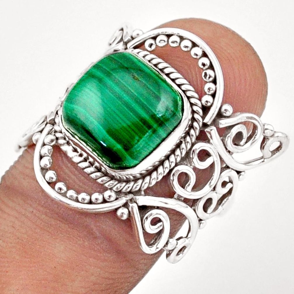 5.67cts solitaire natural green malachite cushion silver ring size 7.5 t91052