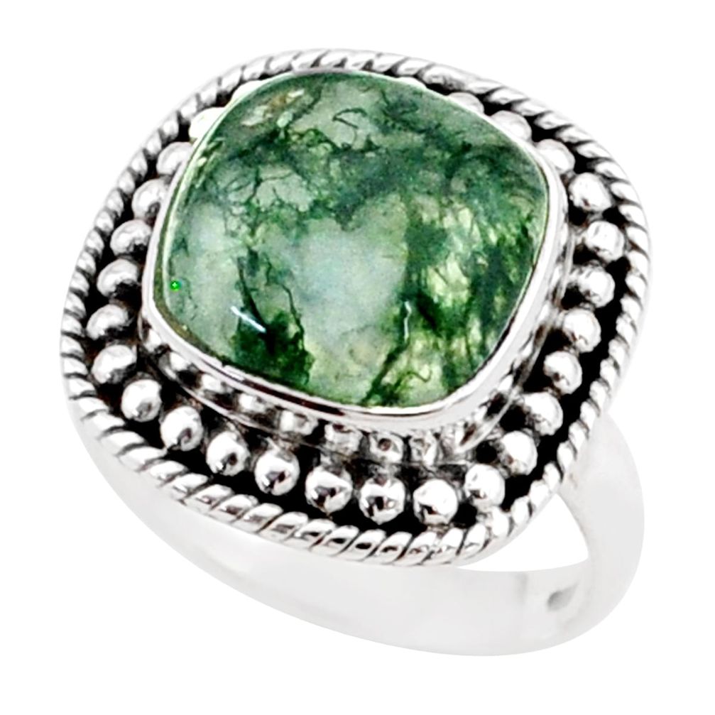 7.04cts solitaire natural green moss agate cushion 925 silver ring size 7 t80543