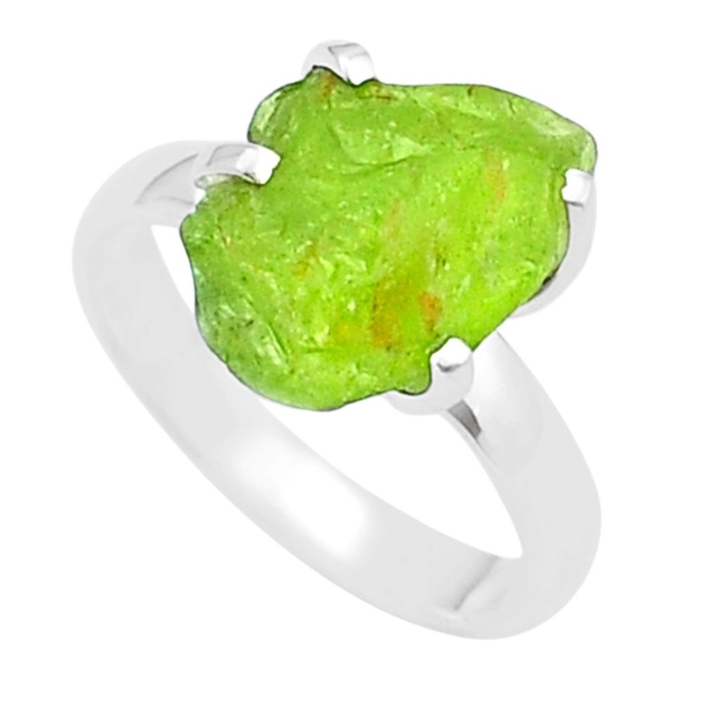 6.74cts solitaire natural green peridot rough 925 silver ring size 8 u38058