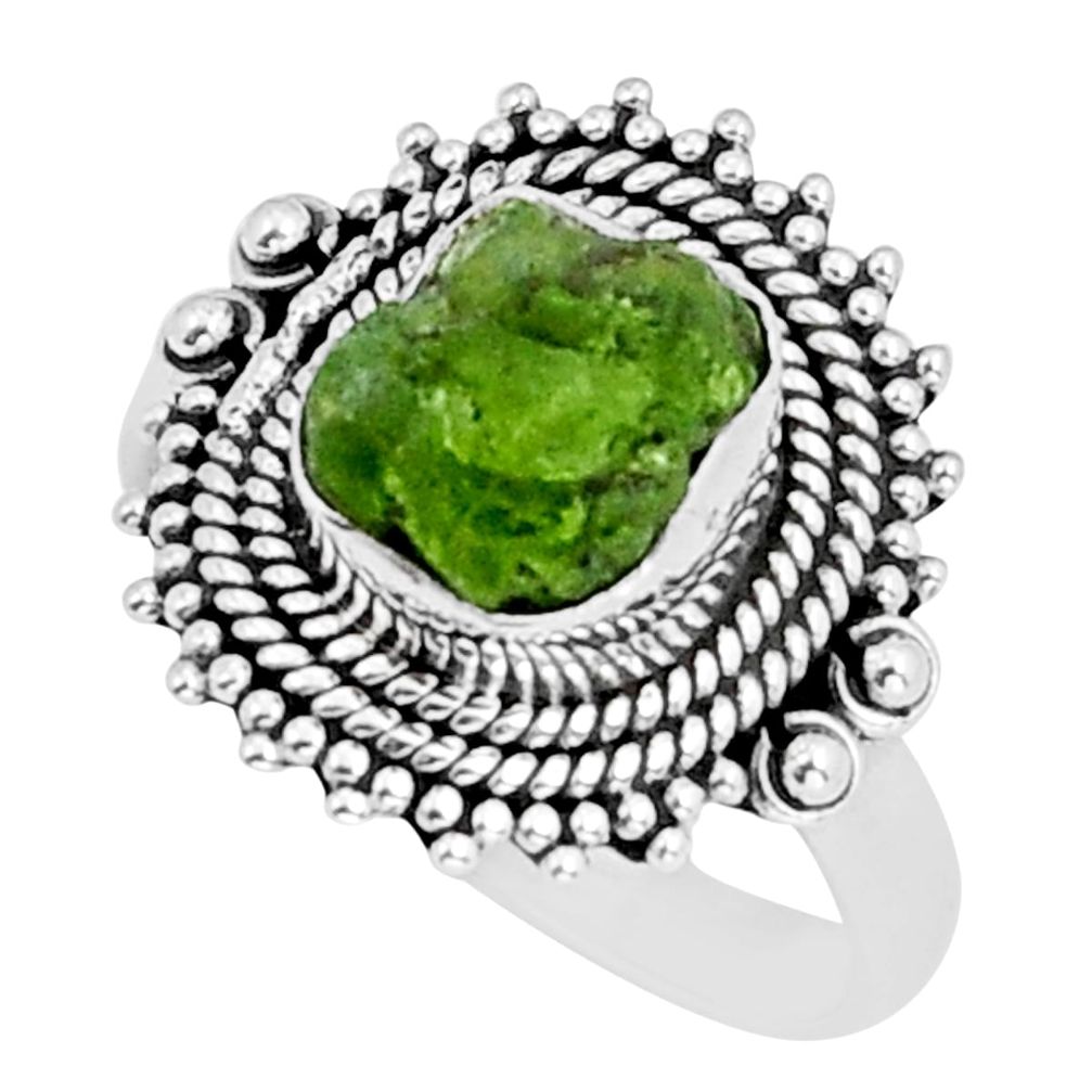 5.32cts solitaire natural green peridot rough 925 silver ring size 8.5 y6609