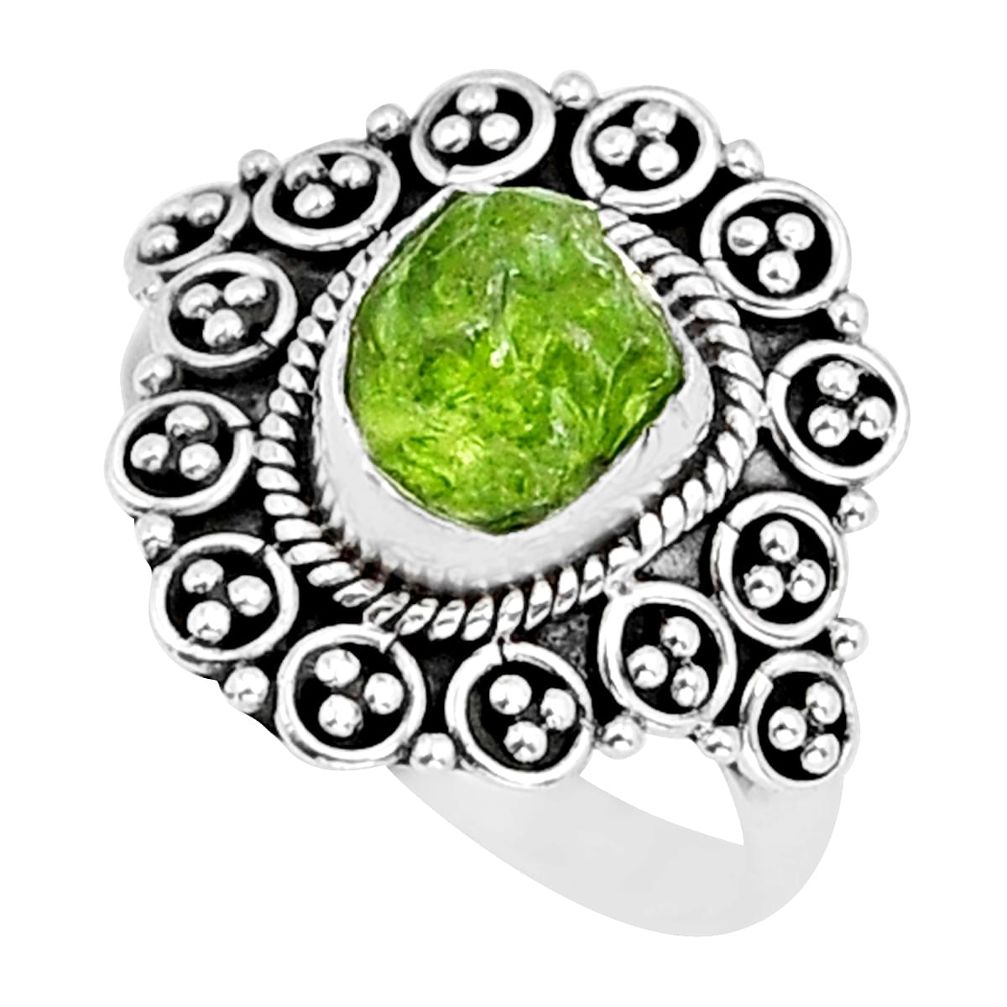 4.33cts solitaire natural green peridot rough fancy 925 silver ring size 8 y6613