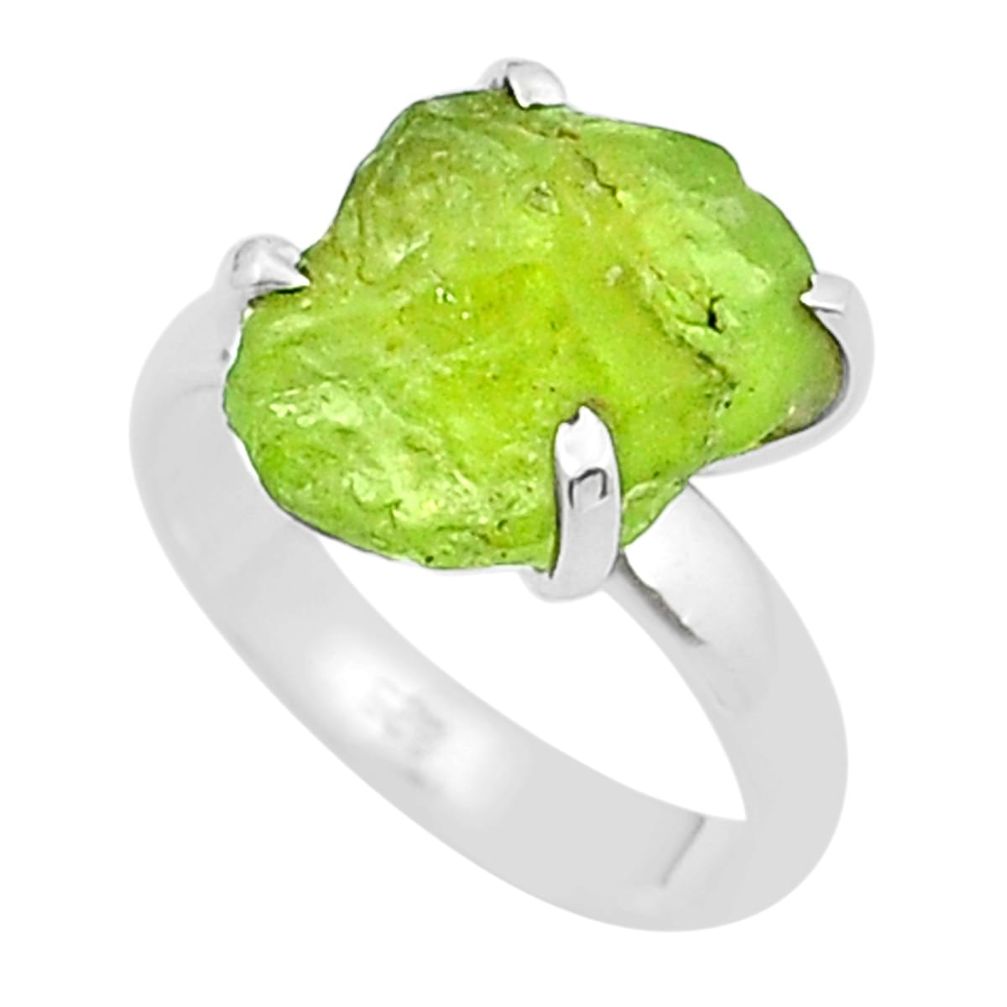 6.64cts solitaire natural green peridot rough fancy silver ring size 7 u38060