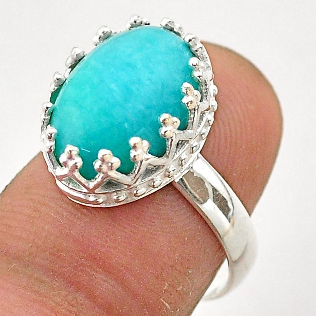 6.39cts solitaire natural green peruvian amazonite 925 silver ring size 7 t67661