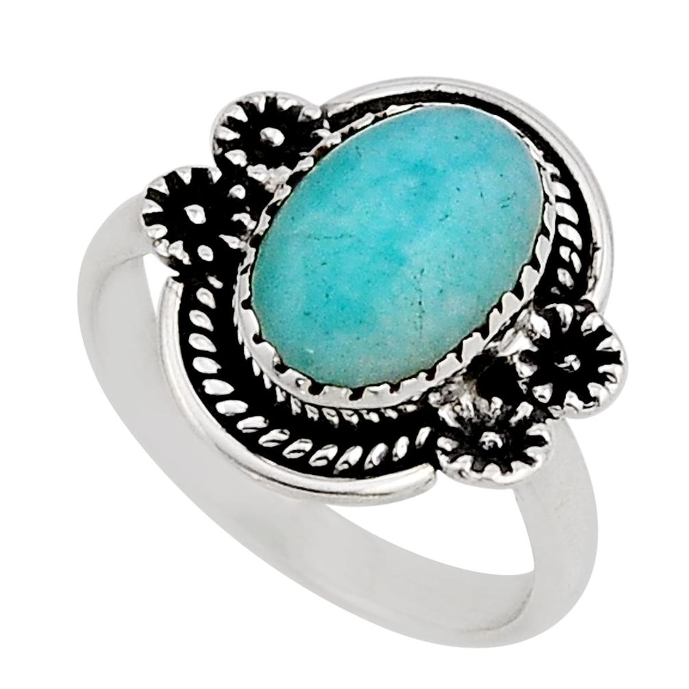 4.47cts solitaire natural green peruvian amazonite oval silver ring size 7 n2306