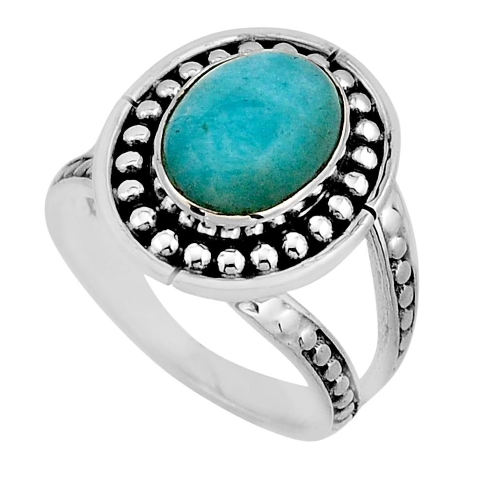 4.57cts solitaire natural green peruvian amazonite oval silver ring size 8 n2251