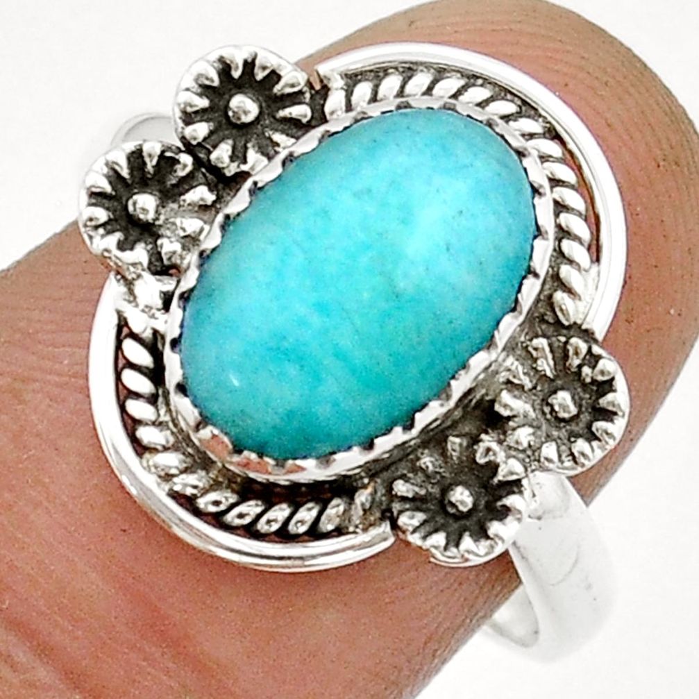 Solitaire natural green peruvian amazonite silver flower ring size 8.5 u90748