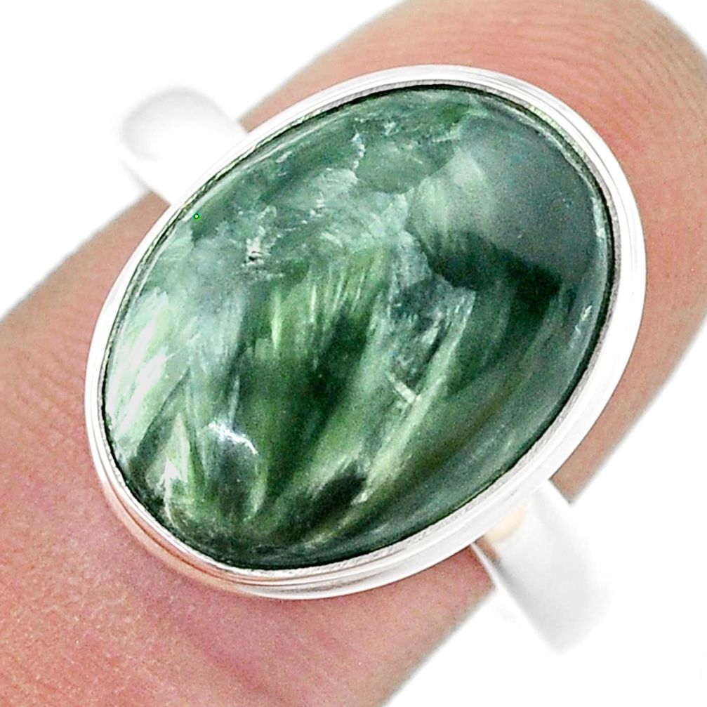 12.07cts solitaire natural green seraphinite 925 silver cocktail ring size 11 u43891