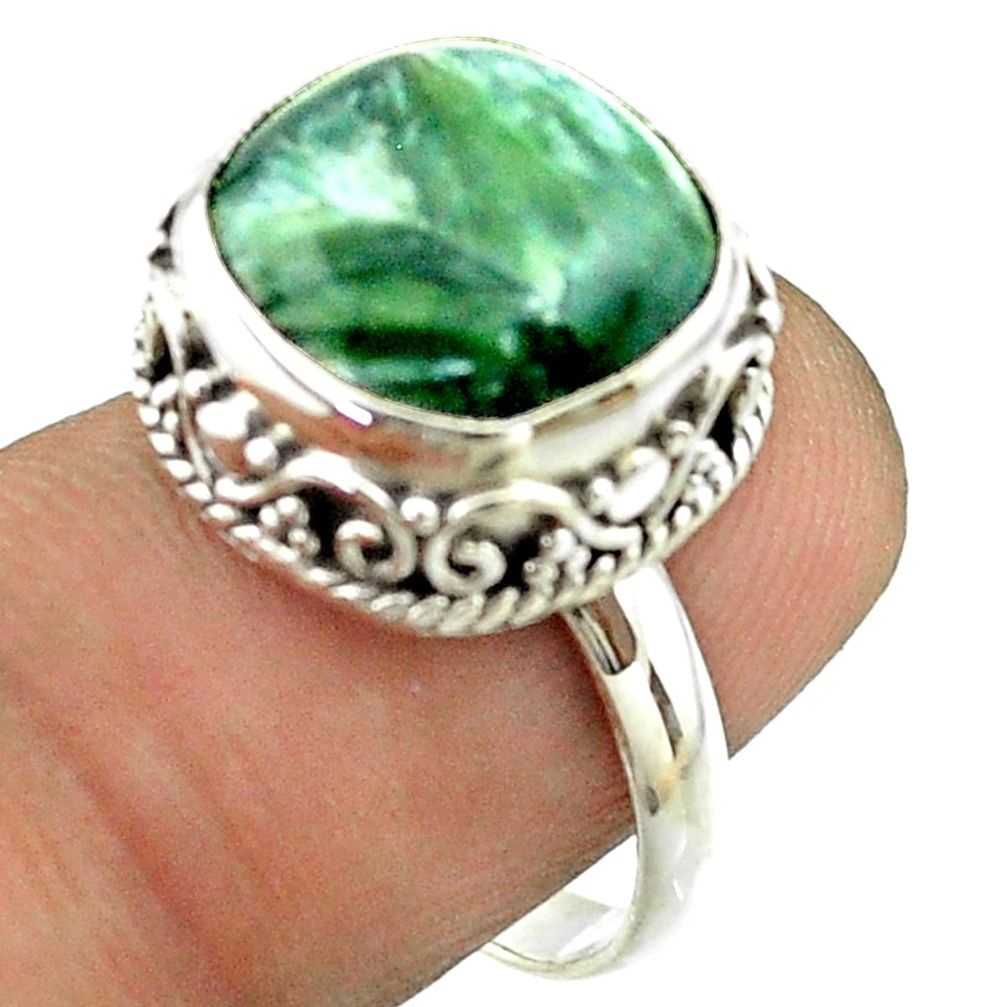 6.58cts solitaire natural green seraphinite 925 silver ring size 7.5 t55874