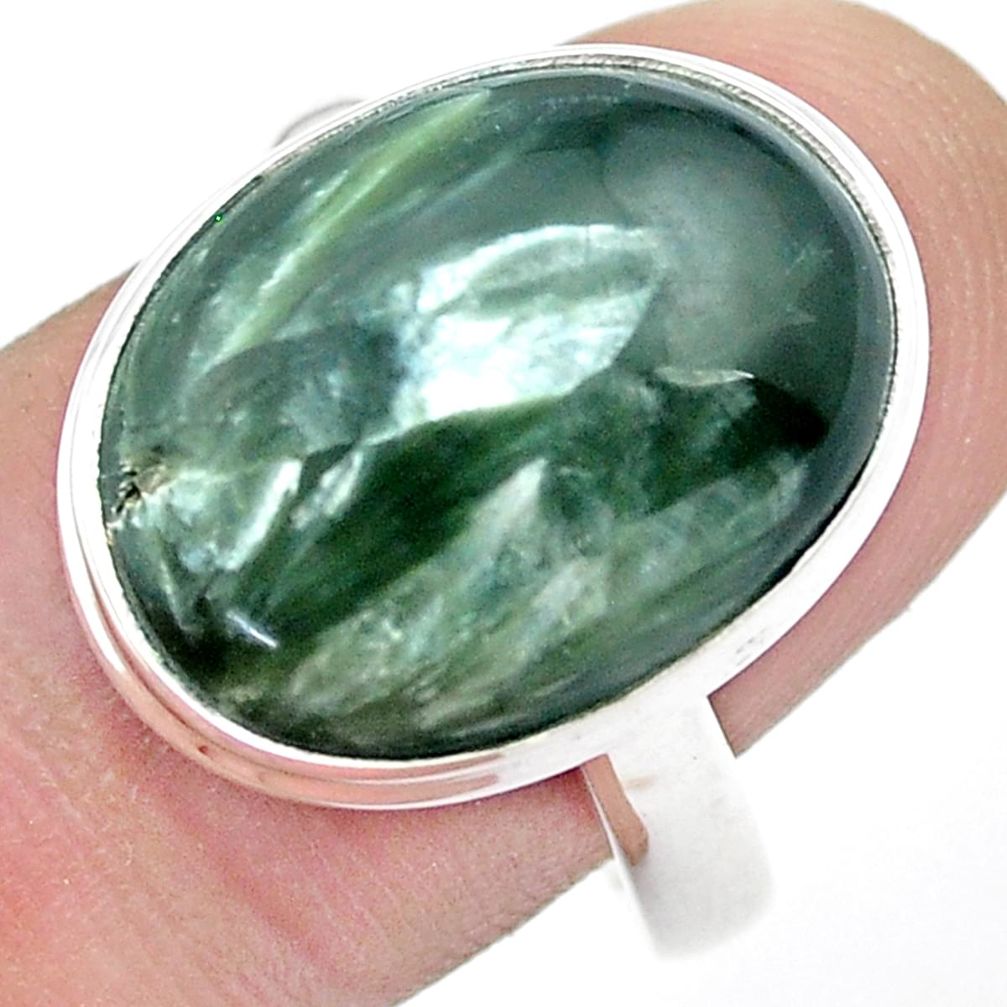 13.22cts solitaire natural green seraphinite oval silver cocktail ring size 9.5 u43872