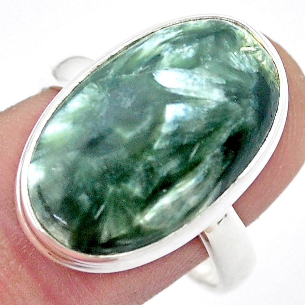 15.02cts solitaire natural green seraphinite oval silver cocktail ring size 9.5 u43873