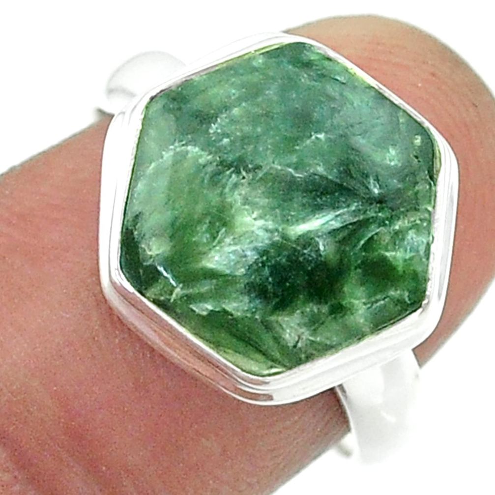 6.23cts solitaire natural green seraphinite silver hexagon ring size 7 t55089