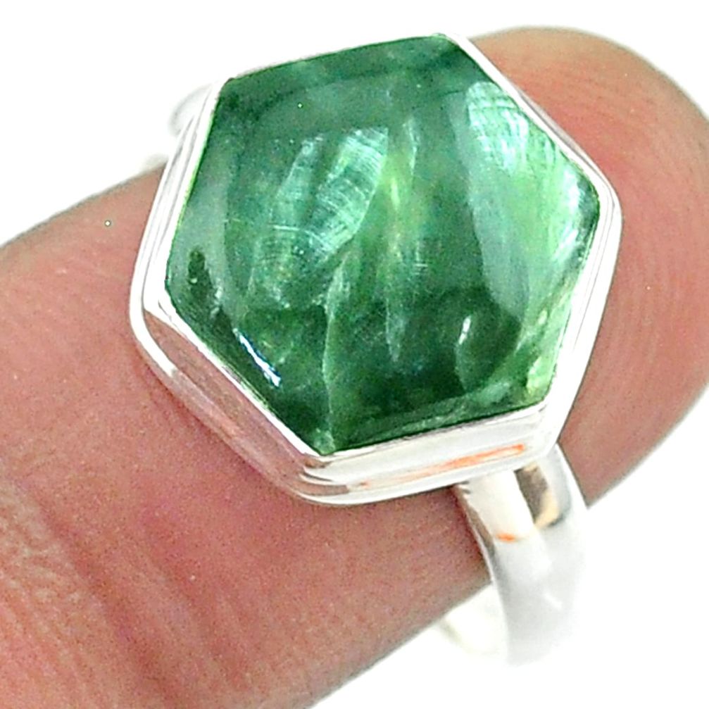 6.32cts solitaire natural green seraphinite silver hexagon ring size 9 t55085