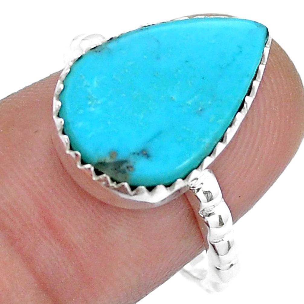 9.37cts solitaire natural kingman turquoise pear 925 silver ring size 7.5 u80152