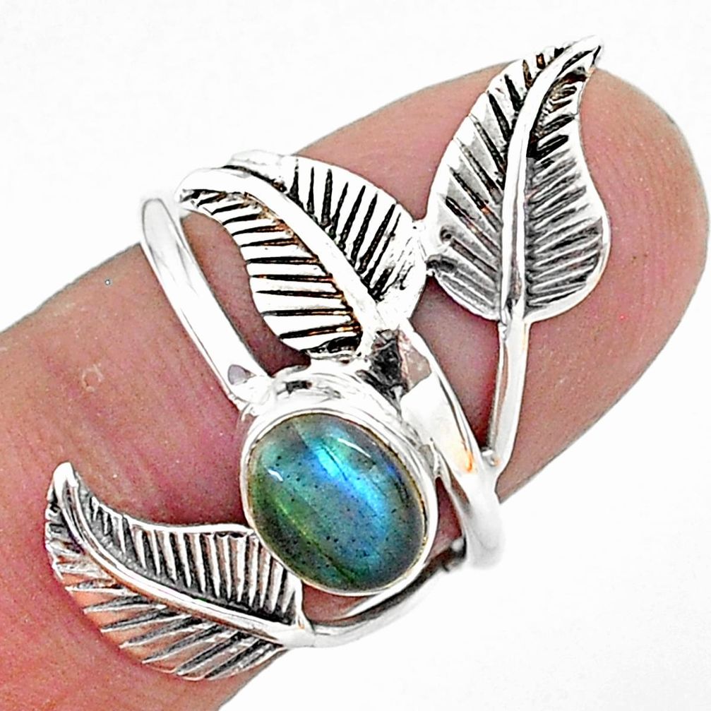 2.13cts solitaire natural labradorite 925 silver leaf charm ring size 5.5 t6375