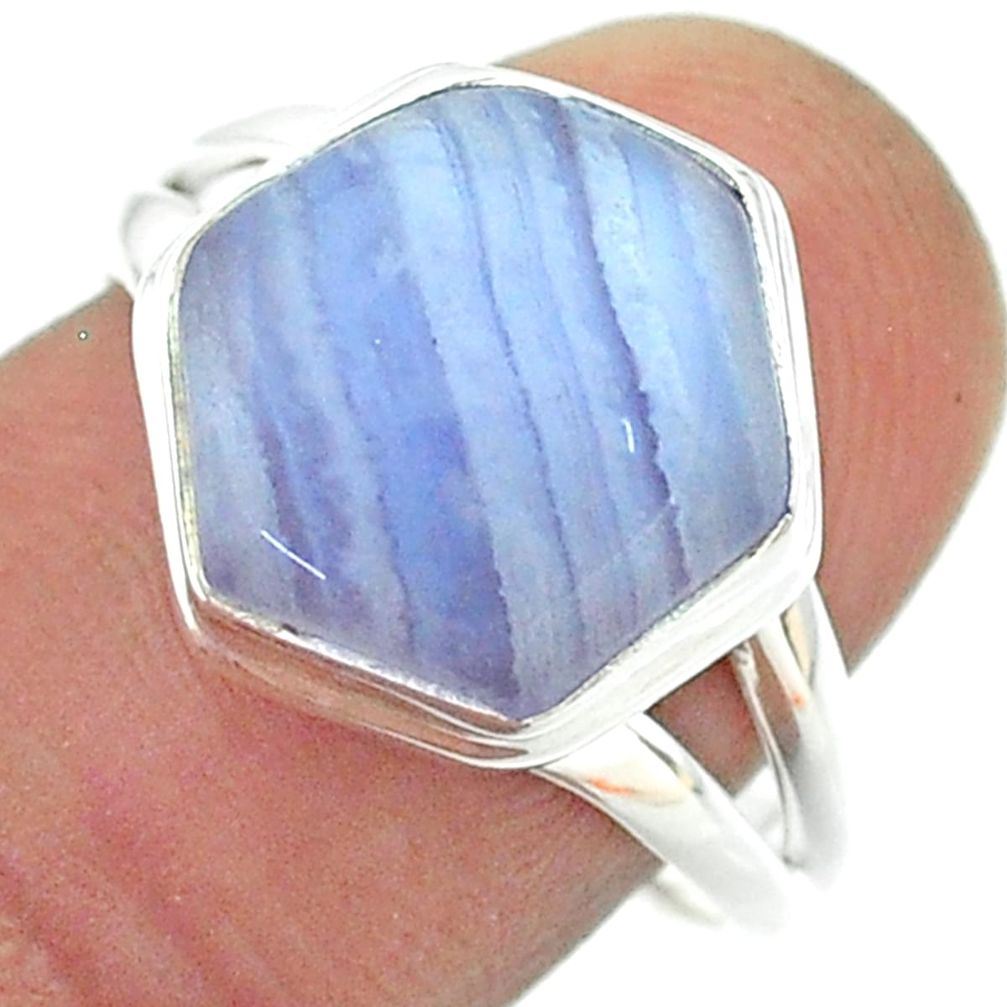 6.32cts solitaire natural lace agate 925 silver hexagon ring size 8.5 t55106