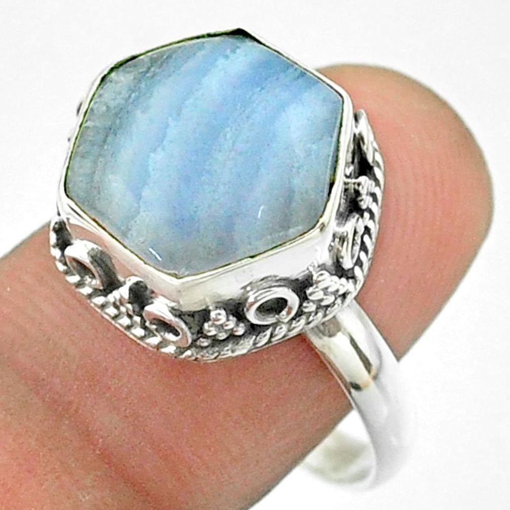 6.58cts solitaire natural lace agate 925 silver hexagon ring size 8.5 t55903