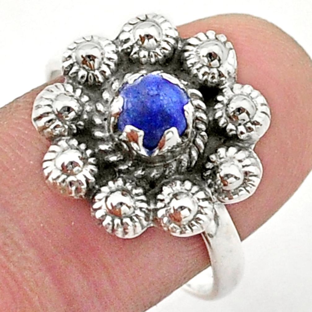 0.96cts solitaire natural lapis lazuli 925 silver flower ring size 8.5 t40696